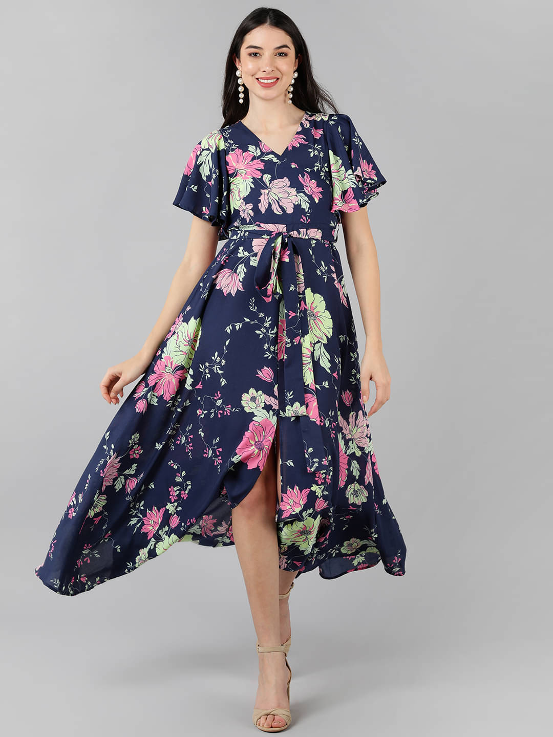 Vaamsi Women Georgette Printed Wrap Dress ( Navy Blue ) Vaamsi Women Georgette Printed Wrap Dress ( Navy Blue )