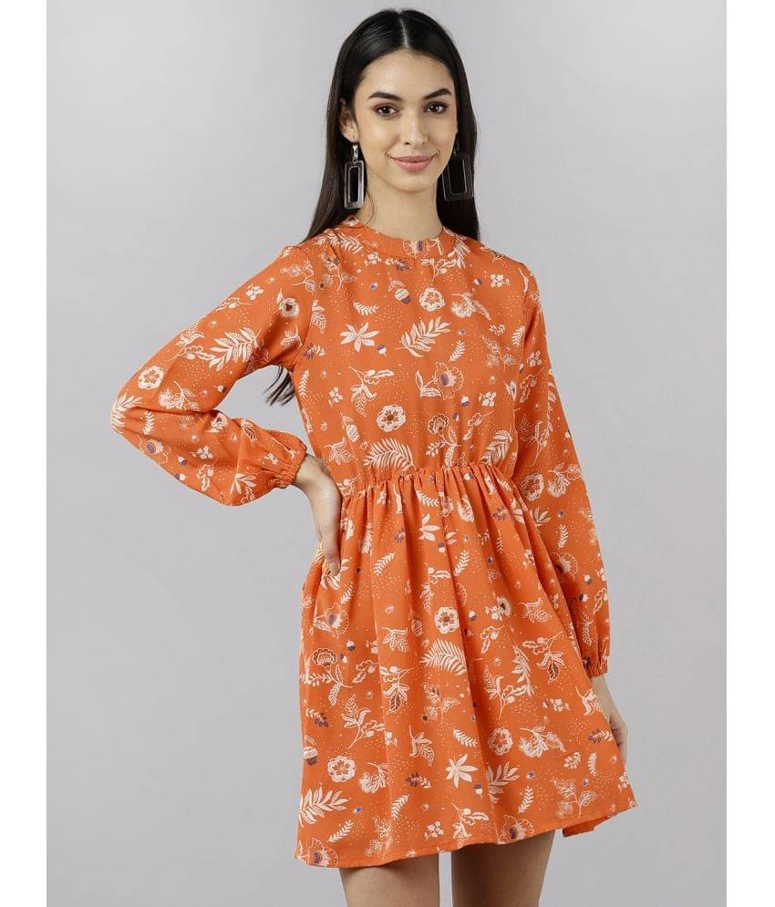 Vaamsi Women Polyester Printed Fit & Flare Dress ( Orange ) Vaamsi Women Polyester Printed Fit & Flare Dress ( Orange )