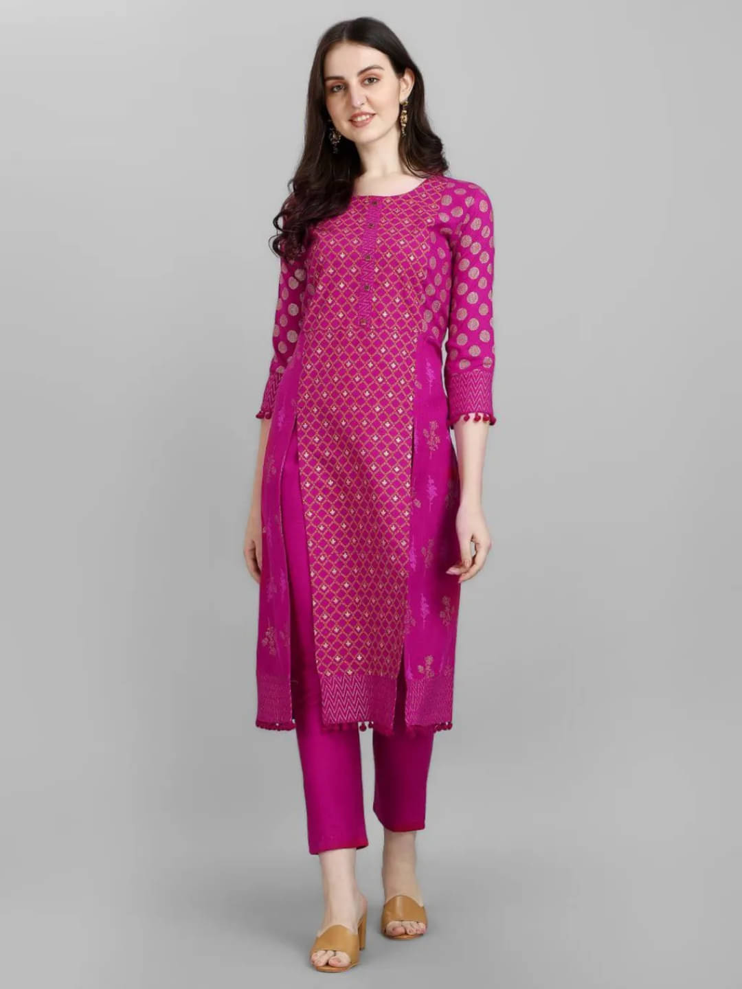     			Zonoti Fashion Cotton Blend Printed Kurti With Pants Women's Stitched Salwar Suit - Pink ( Pack of 1 )