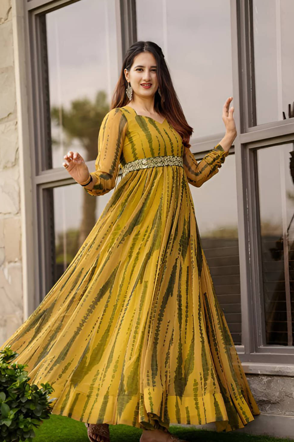     			kedar fab Georgette Printed Ankle Length Women's Gown - Yellow ( Pack of 1 )