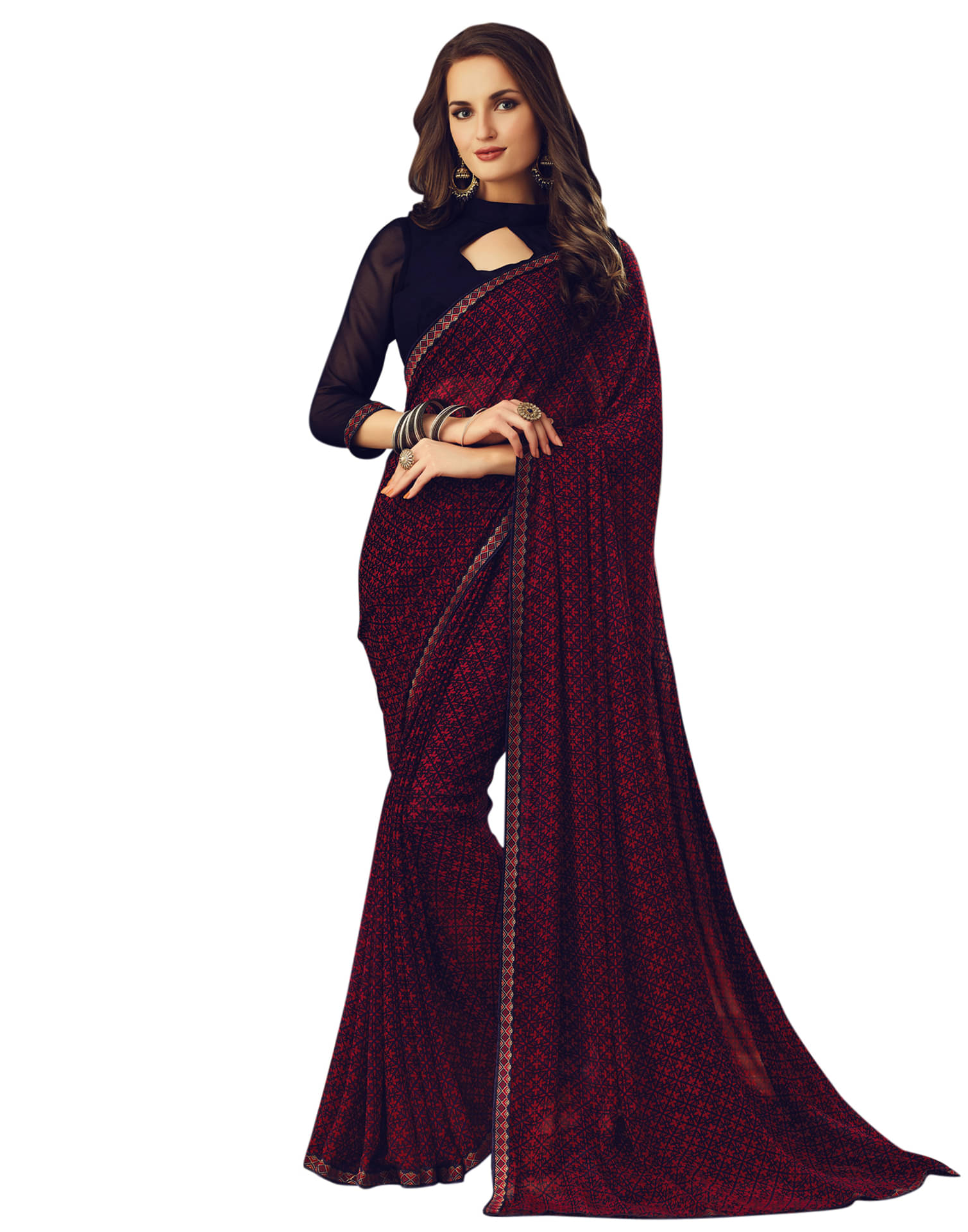     			Samah Chiffon Printed Saree With Unstitched Blouse Piece ( Navy Blue )
