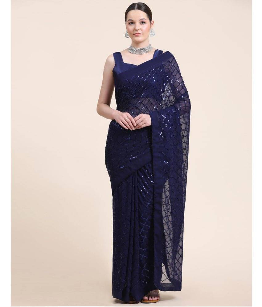     			Samah Georgette Embroidered Saree With Unstitched Blouse Piece ( Navy Blue )