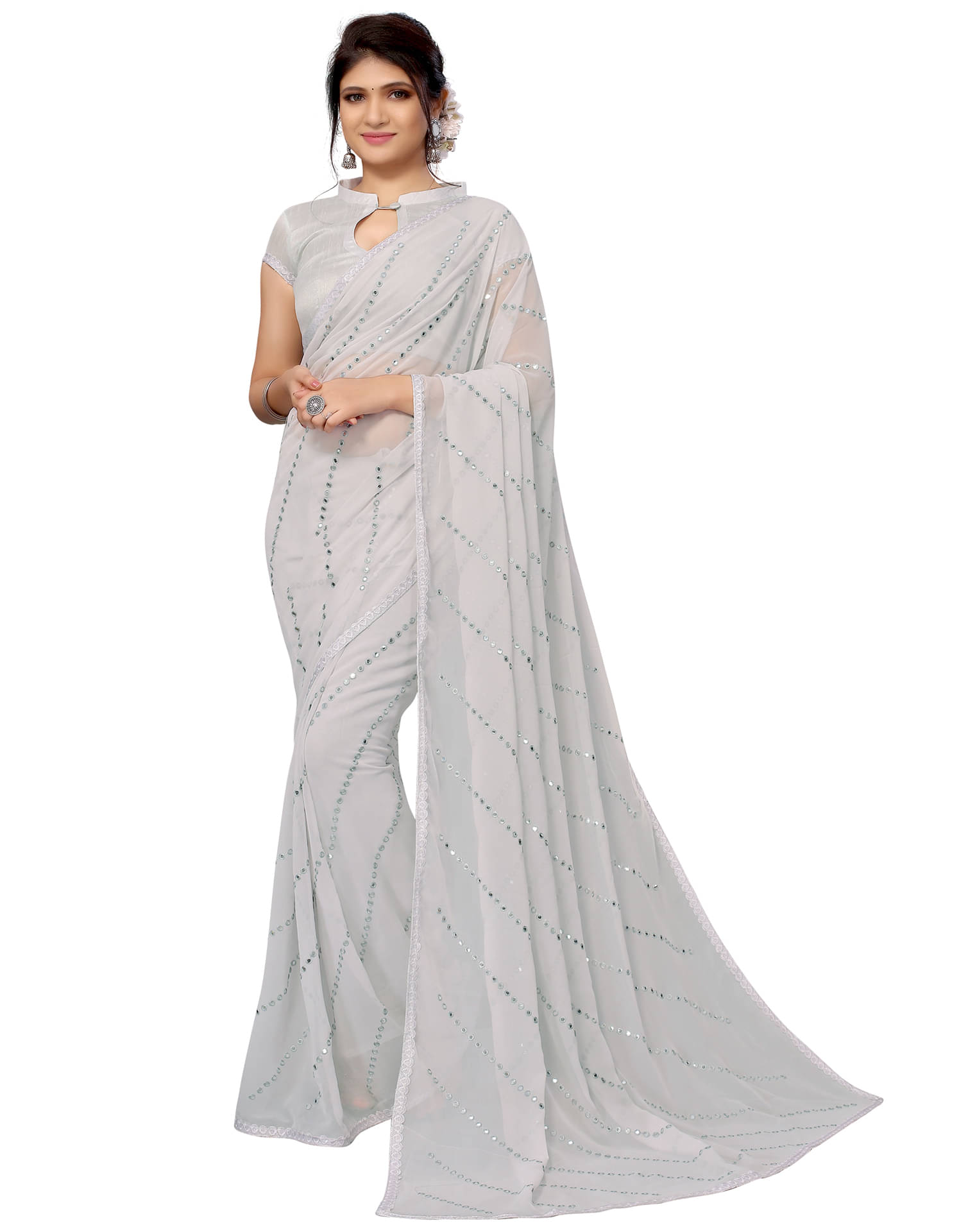     			Samah Georgette Embroidered Saree With Unstitched Blouse Piece ( Grey )