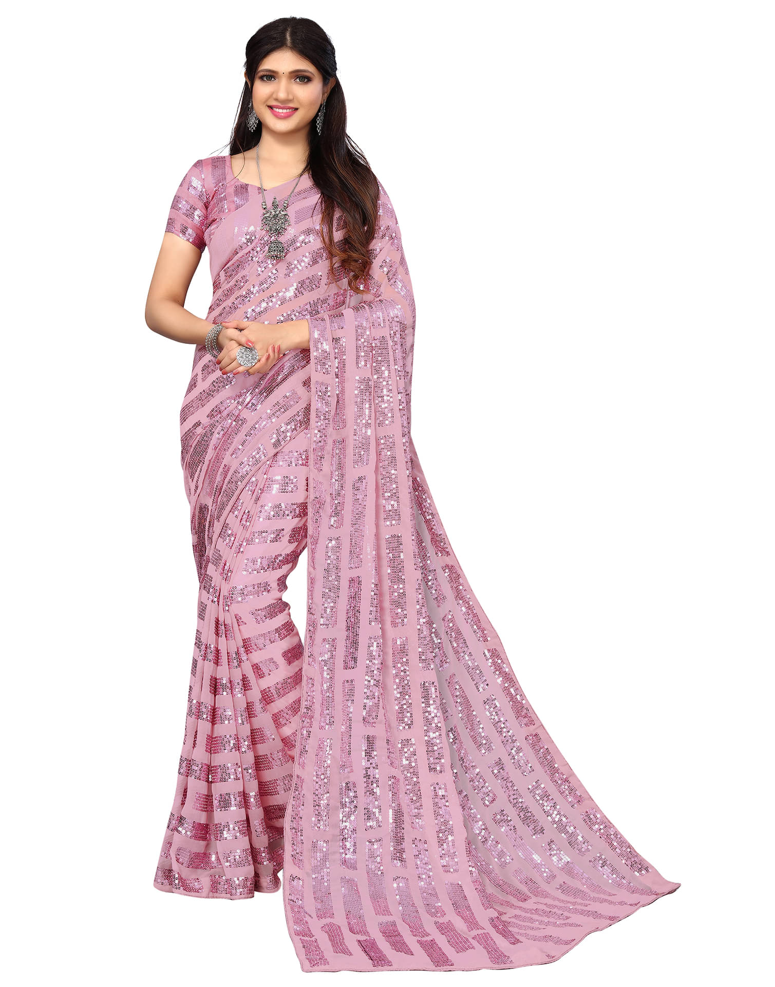     			Samah Georgette Embroidered Saree With Unstitched Blouse Piece ( Pink )