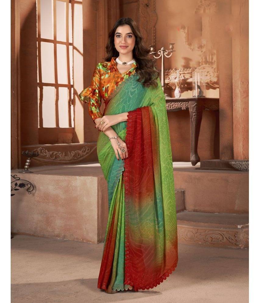 Samah Georgette Printed Saree With Unstitched Blouse Piece ( Green ) Samah Georgette Printed Saree With Unstitched Blouse Piece ( Green )