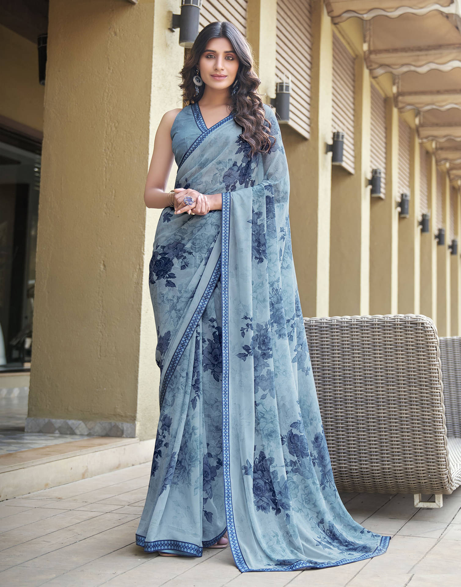     			Samah Georgette Printed Saree With Unstitched Blouse Piece ( Light Blue )