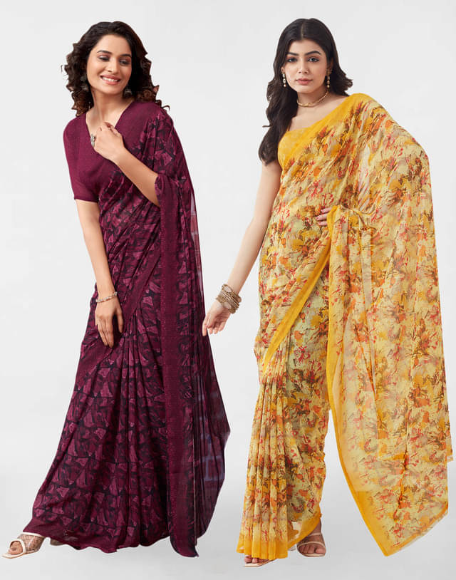     			Samah Georgette Printed Saree With Unstitched Blouse Piece ( Yellow )