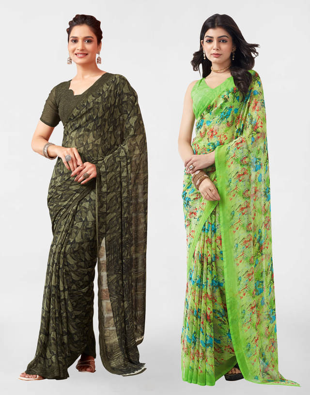     			Samah Georgette Printed Saree With Unstitched Blouse Piece ( Green )