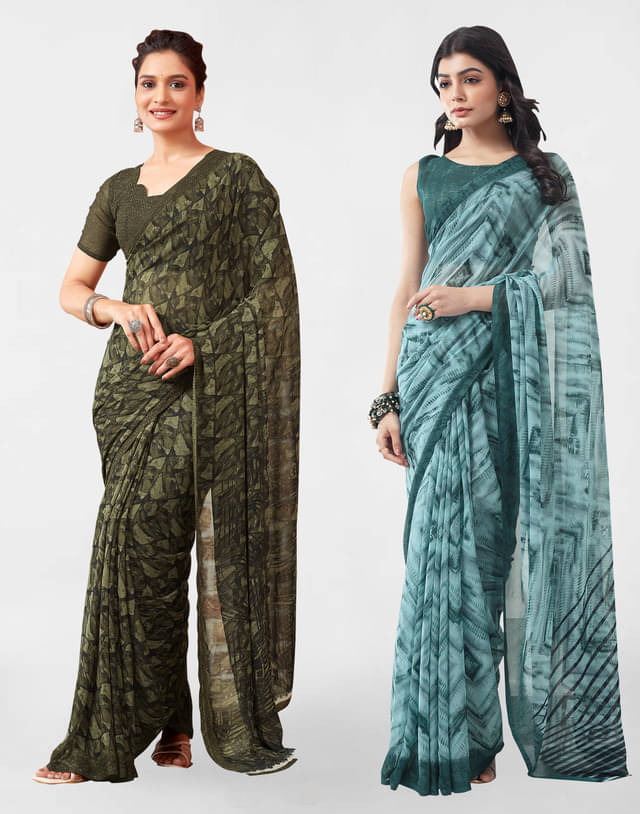 Samah Georgette Printed Saree With Unstitched Blouse Piece ( Teal ) Samah Georgette Printed Saree With Unstitched Blouse Piece ( Teal )