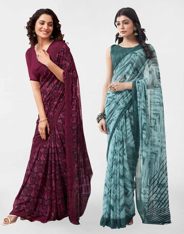     			Samah Georgette Printed Saree With Unstitched Blouse Piece ( Teal )