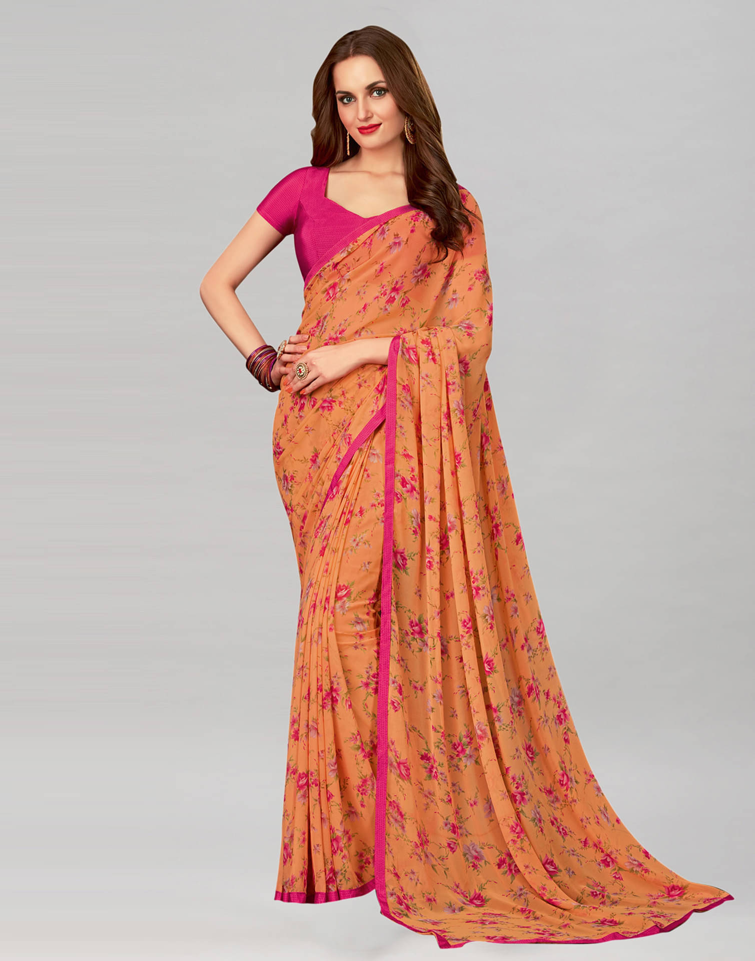     			Samah Georgette Printed Saree With Unstitched Blouse Piece ( Orange )