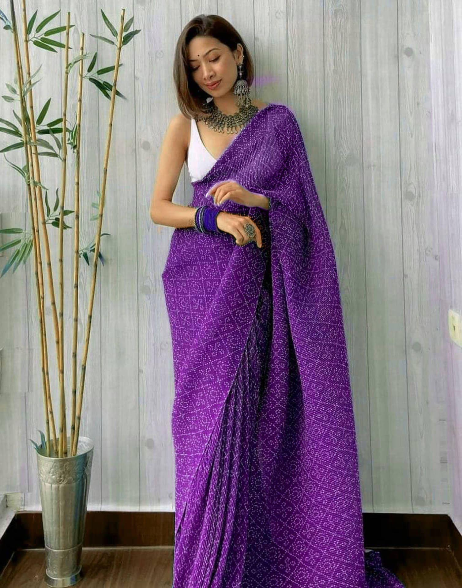     			Samah Georgette Printed Saree With Unstitched Blouse Piece ( Purple )
