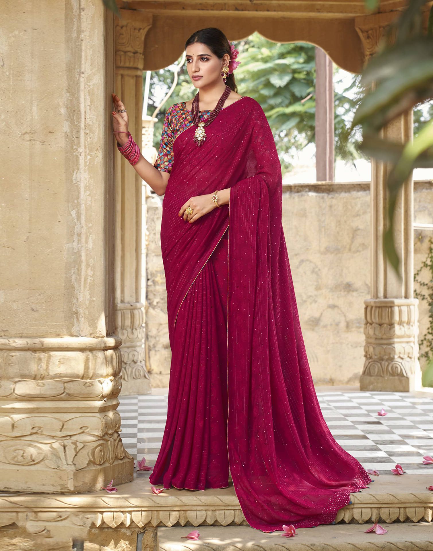    			Samah Georgette Woven Saree With Unstitched Blouse Piece ( Pink )