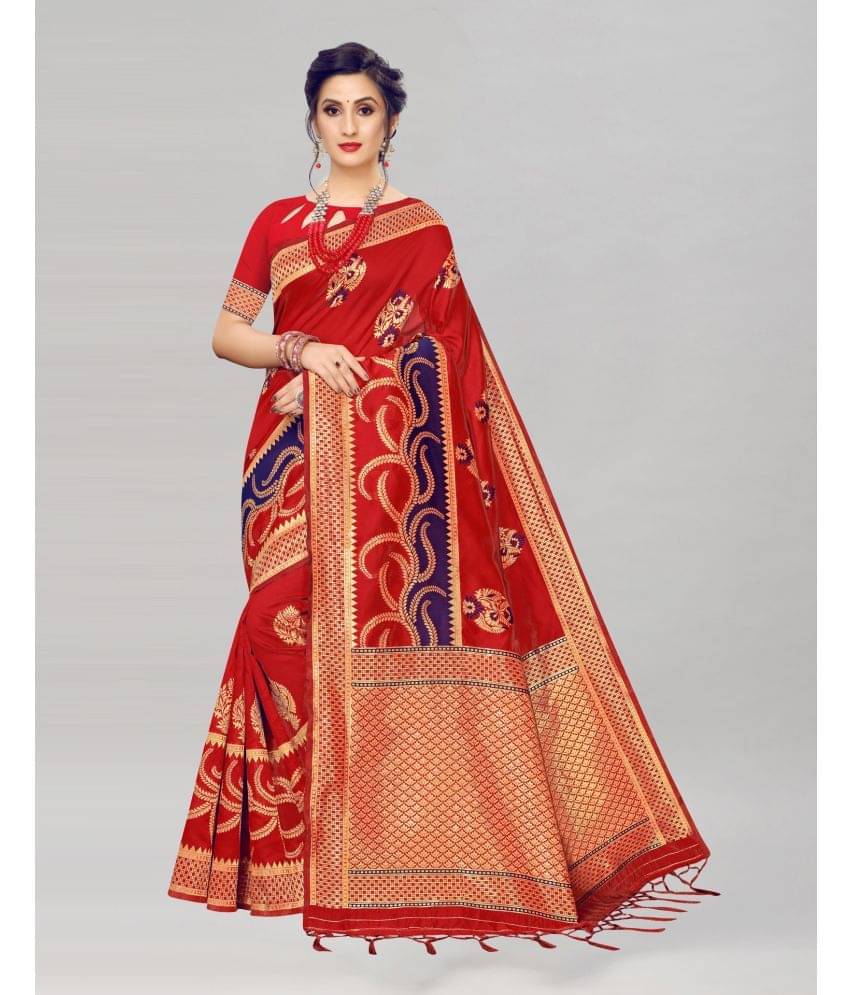     			Samah Silk Blend Woven Saree With Unstitched Blouse Piece ( Maroon )