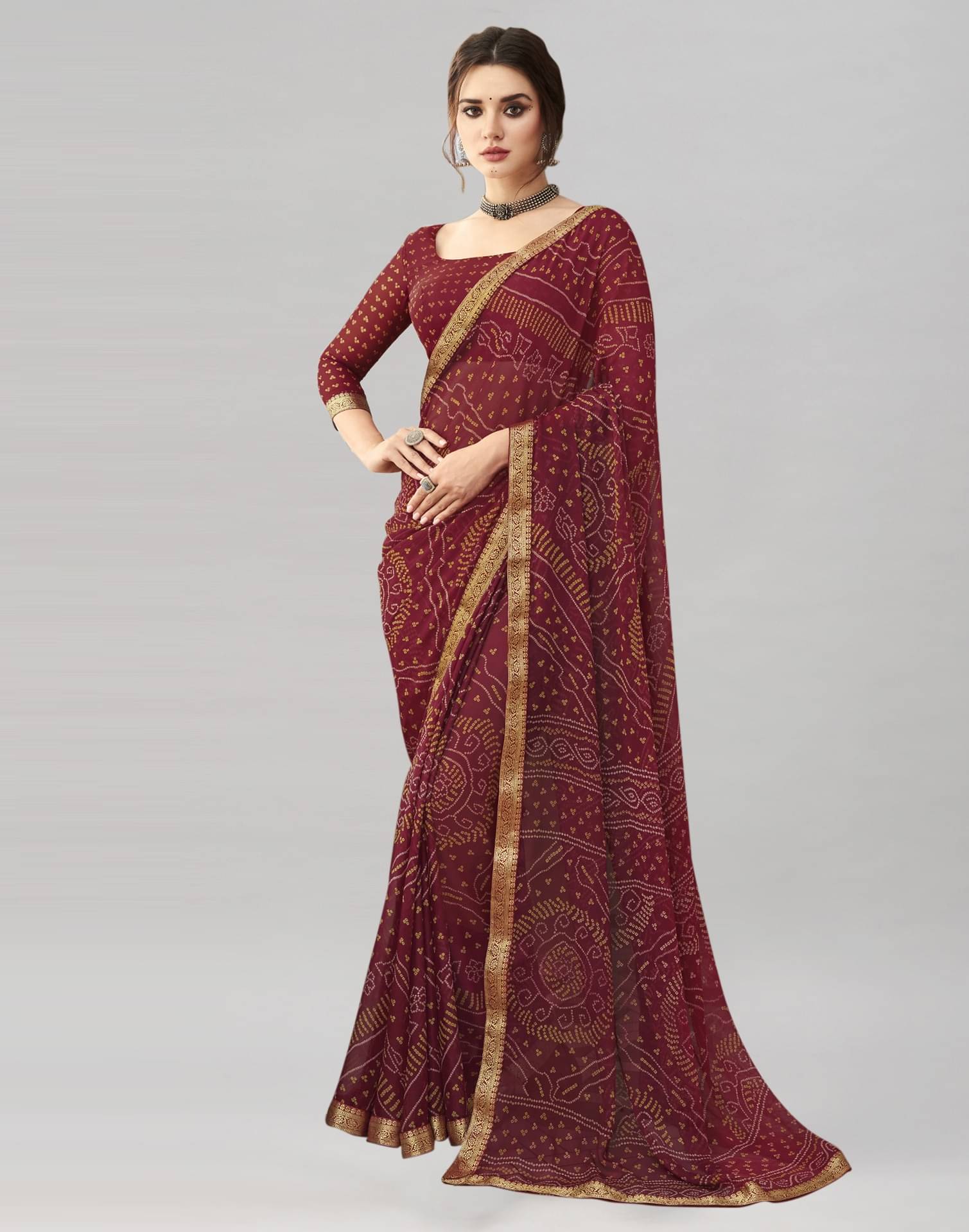 Satrani Chiffon Printed Saree With Unstitched Blouse Piece ( Maroon ) Satrani Chiffon Printed Saree With Unstitched Blouse Piece ( Maroon )