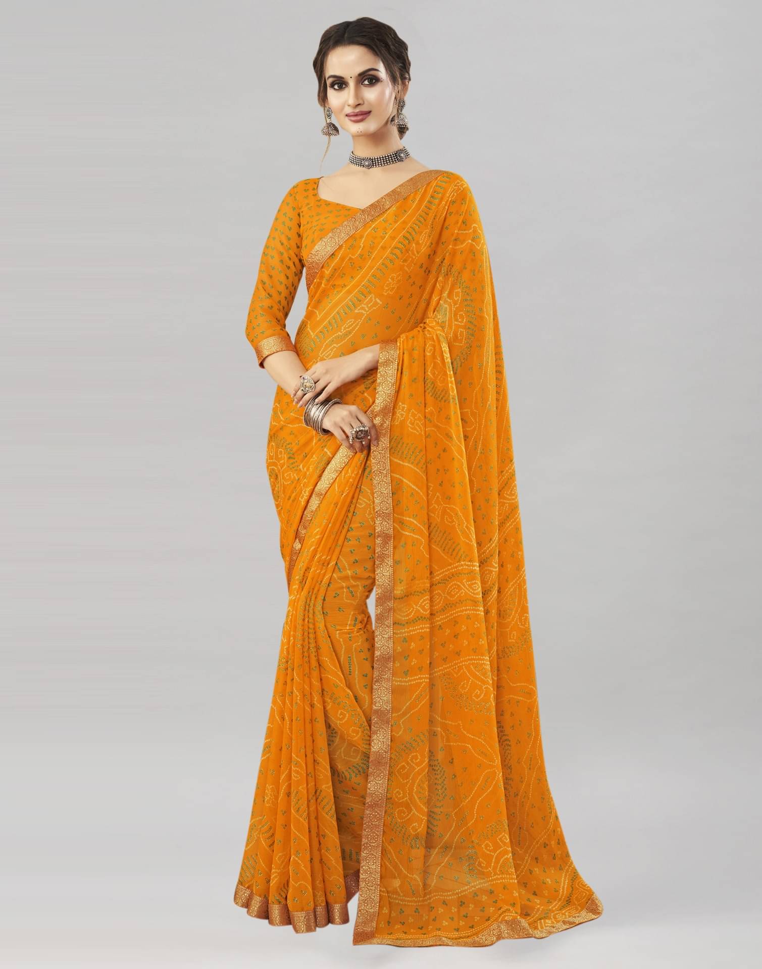 Satrani Chiffon Printed Saree With Unstitched Blouse Piece ( Yellow ) Satrani Chiffon Printed Saree With Unstitched Blouse Piece ( Yellow )