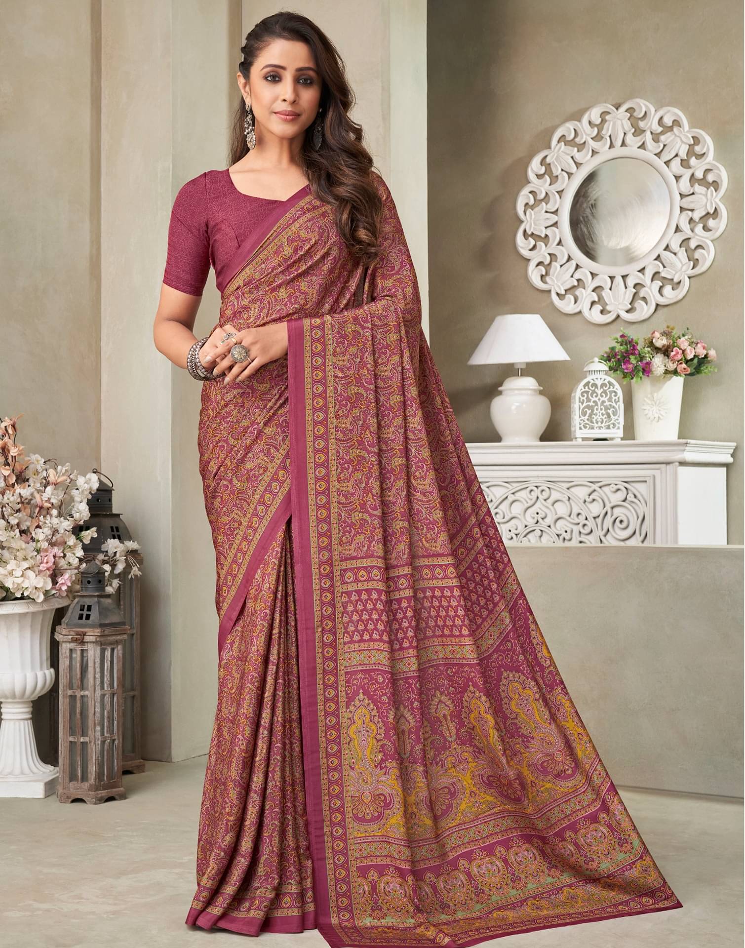 Satrani Crepe Printed Saree With Unstitched Blouse Piece ( Pink ) Satrani Crepe Printed Saree With Unstitched Blouse Piece ( Pink )