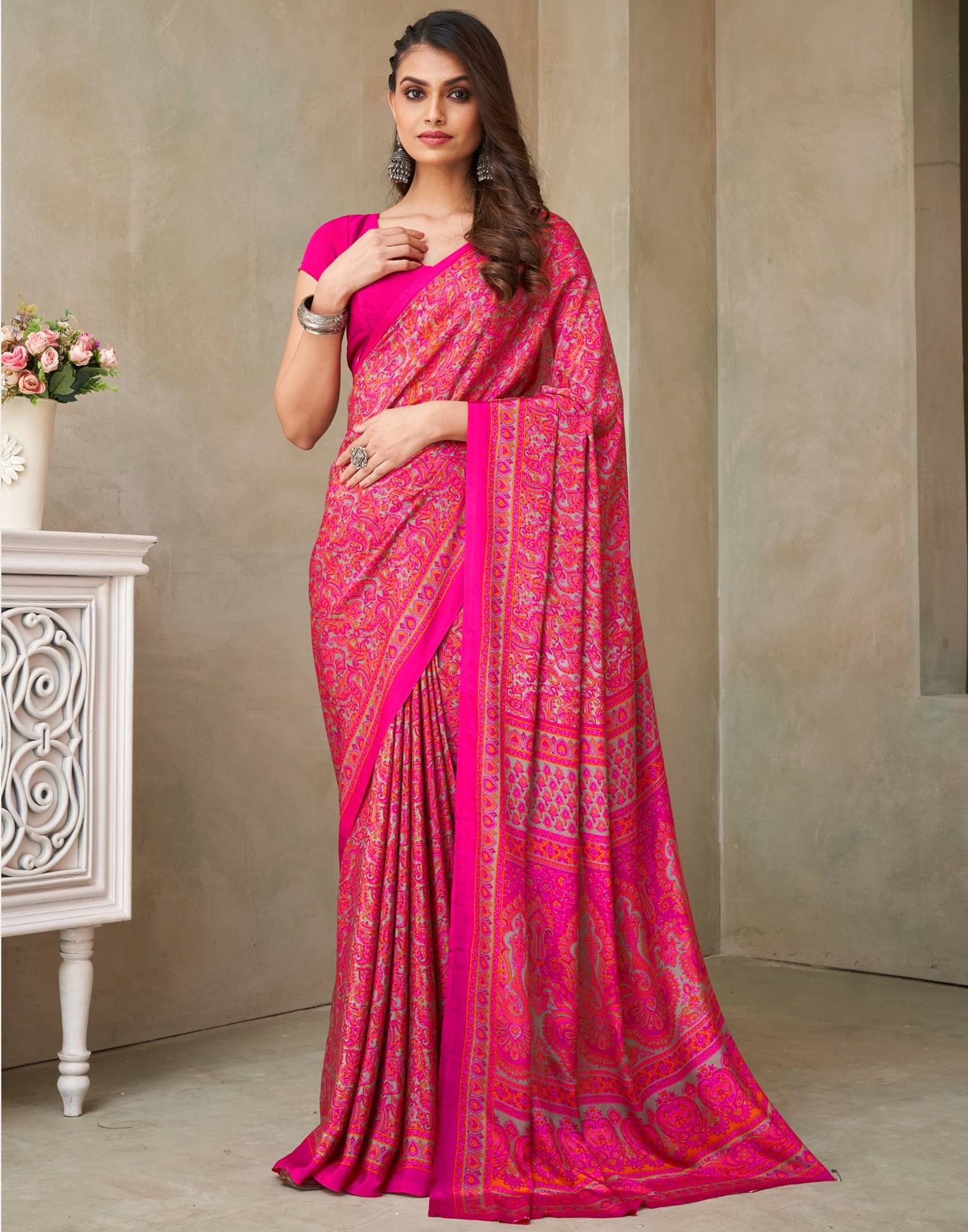     			Satrani Crepe Printed Saree With Unstitched Blouse Piece ( Rani )