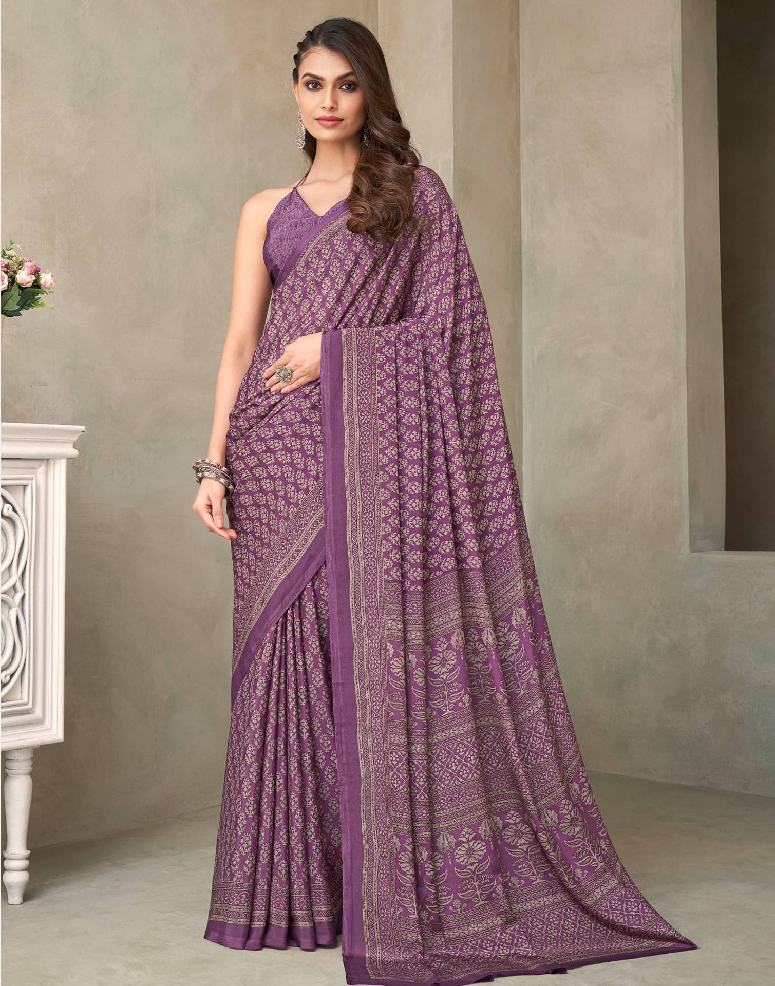 Satrani Crepe Printed Saree With Unstitched Blouse Piece ( Purple ) Satrani Crepe Printed Saree With Unstitched Blouse Piece ( Purple )