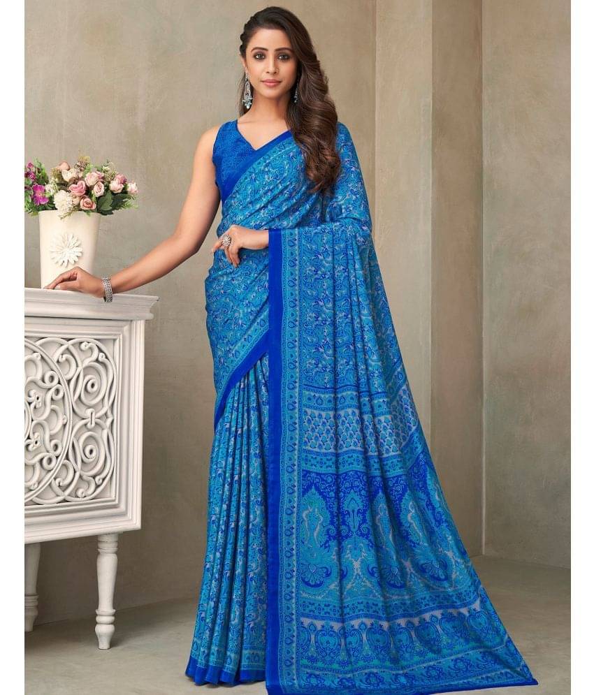 Satrani Crepe Printed Saree With Unstitched Blouse Piece ( Blue ) Satrani Crepe Printed Saree With Unstitched Blouse Piece ( Blue )