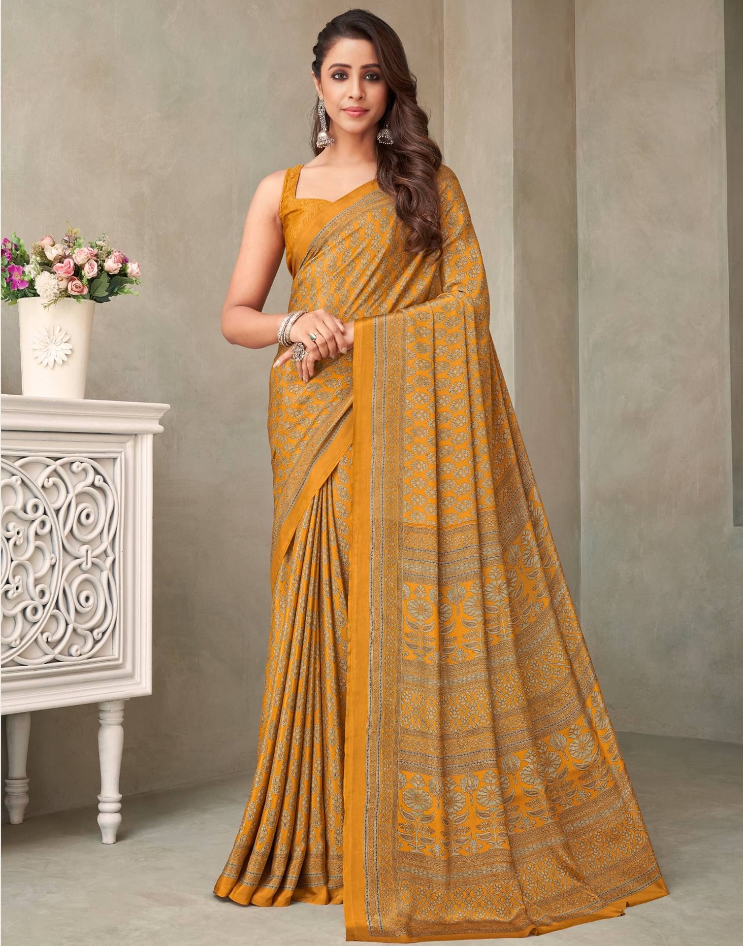 Satrani Crepe Printed Saree With Unstitched Blouse Piece ( Mustard ) Satrani Crepe Printed Saree With Unstitched Blouse Piece ( Mustard )