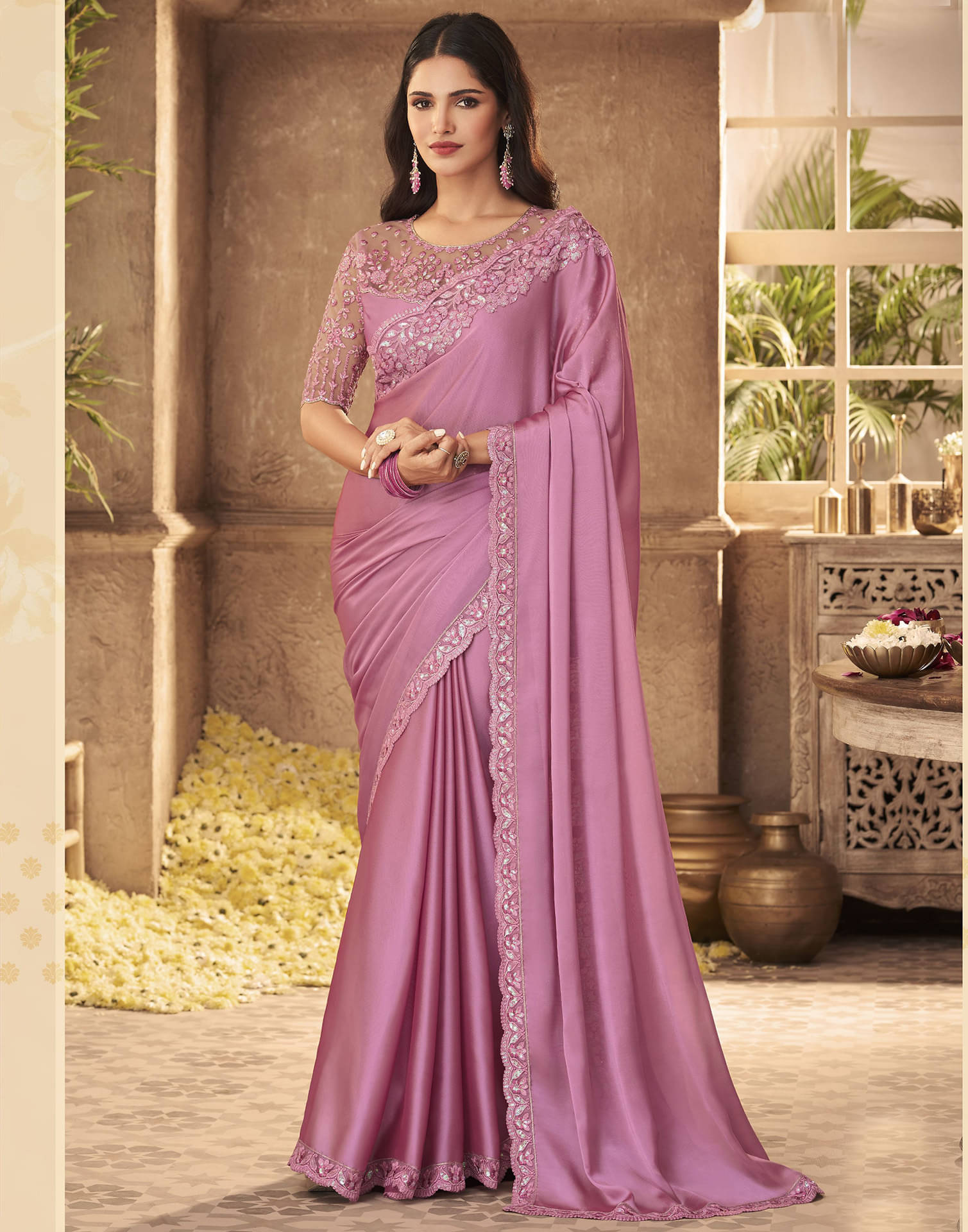 Satrani Georgette Solid Saree With Unstitched Blouse Piece ( Pink ) Satrani Georgette Solid Saree With Unstitched Blouse Piece ( Pink )