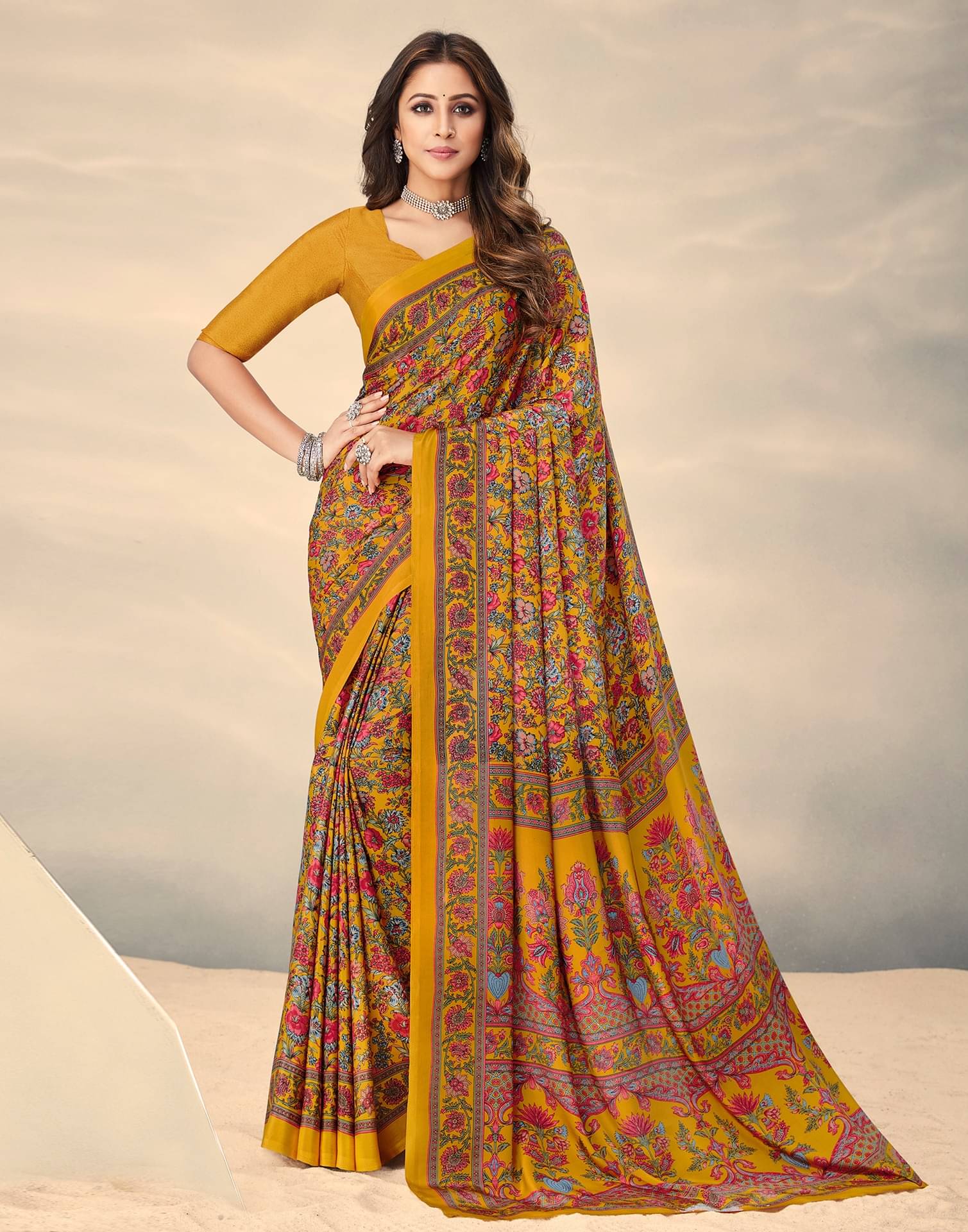     			Satrani Silk Printed Saree With Unstitched Blouse Piece ( Yellow )