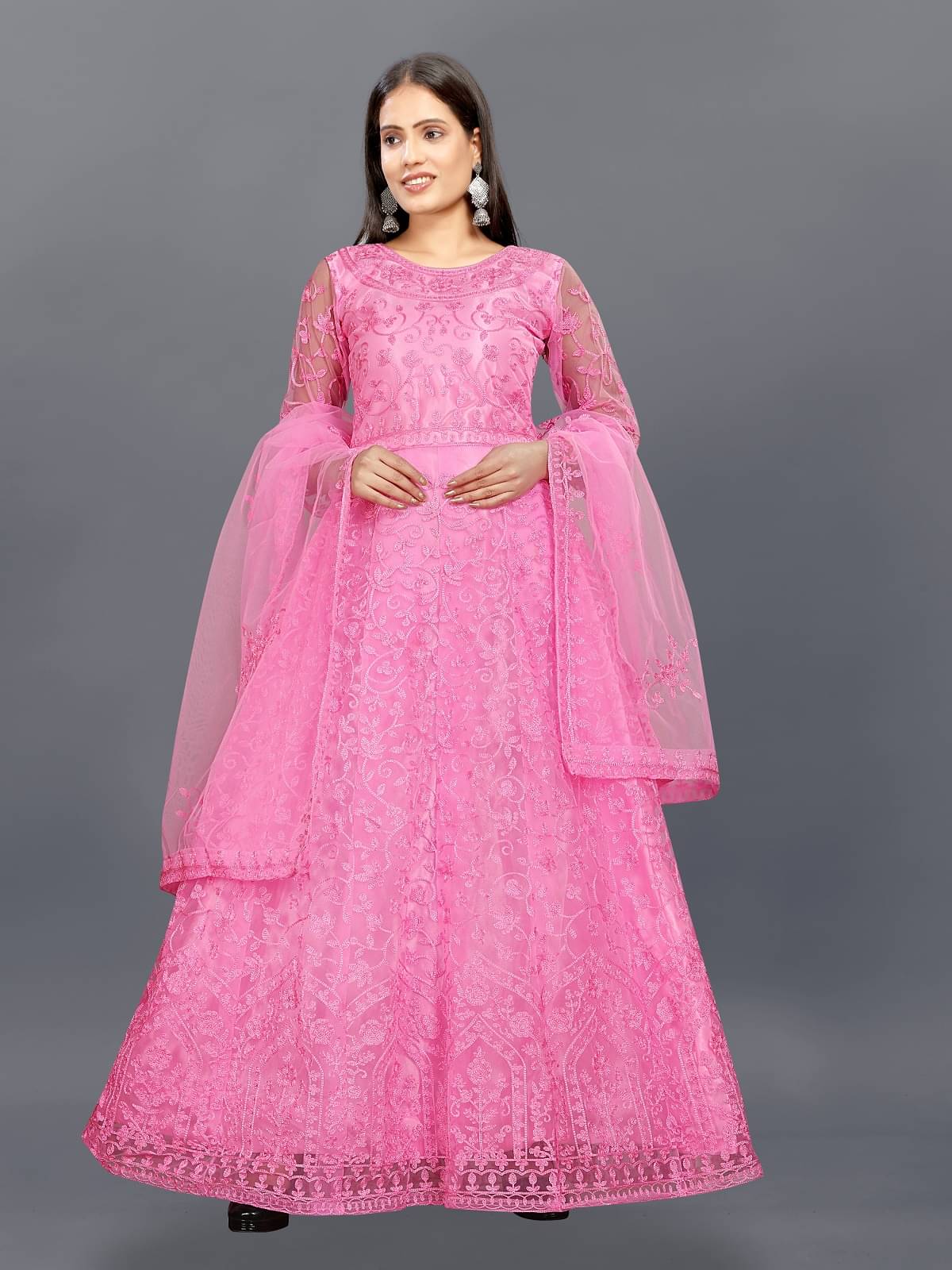     			Aika Pink Flared Net Women's Semi Stitched Ethnic Gown ( Pack of 1 )