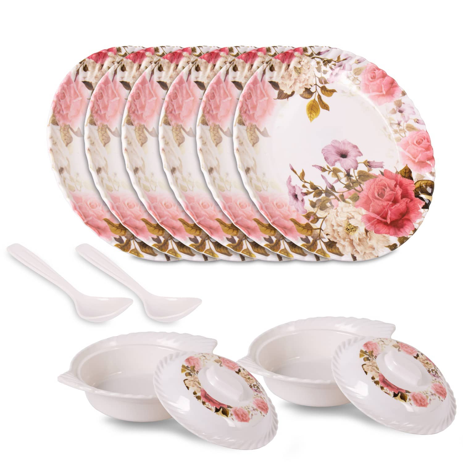 HomePro R.L Plate, Donga-Lid | Spoon Pink Melamine Dinner Set ( Pack of 10 )