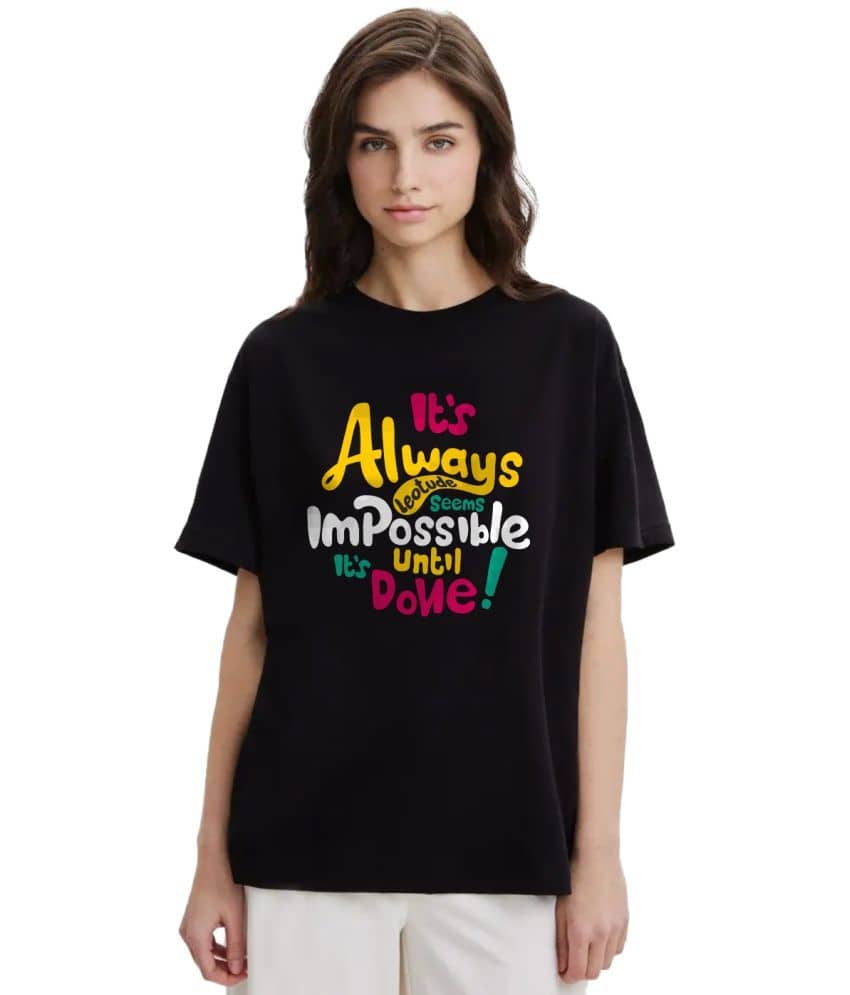 Leotude Women Cotton Blend Printed Oversized Fit Round Neck T-Shirt ( Black )