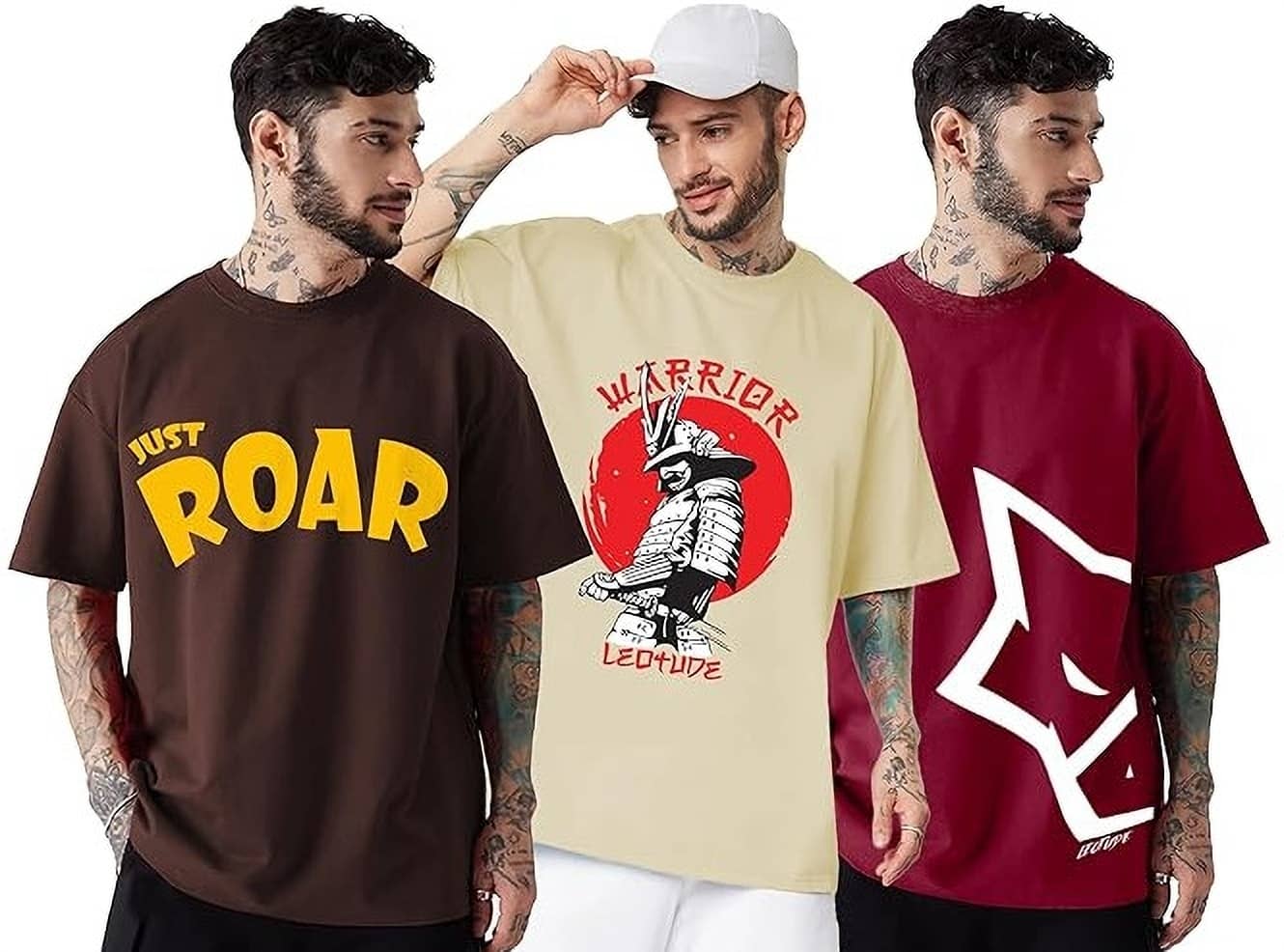 Leotude Pack of 3 Cotton Blend Oversized Fit Men's T-Shirt ( Brown )