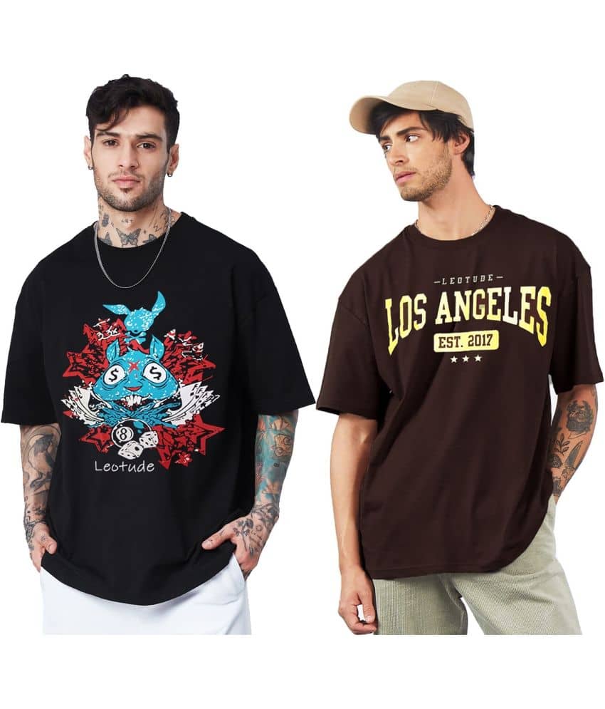 Leotude Pack of 2 Cotton Blend Oversized Fit Men's T-Shirt ( Brown )