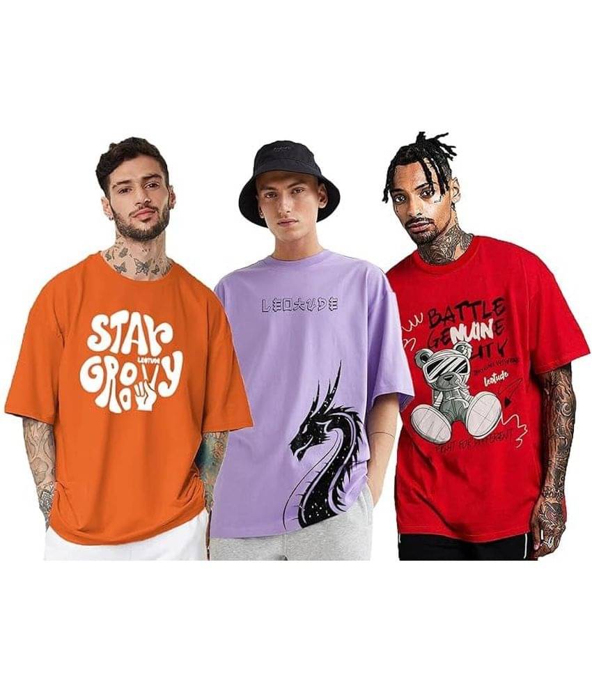 Leotude Men Cotton Blend Oversized Fit Printed T-Shirt ( Orange )     			Leotude Men Cotton Blend Oversized Fit Printed T-Shirt ( Orange )