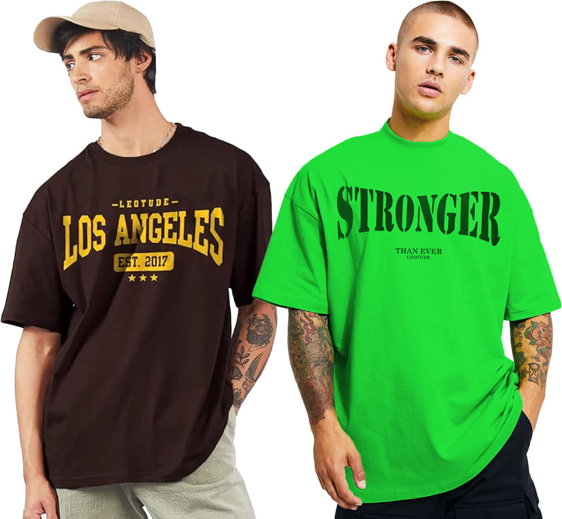 Leotude Pack of 2 Cotton Blend Oversized Fit Men's T-Shirt ( Brown )