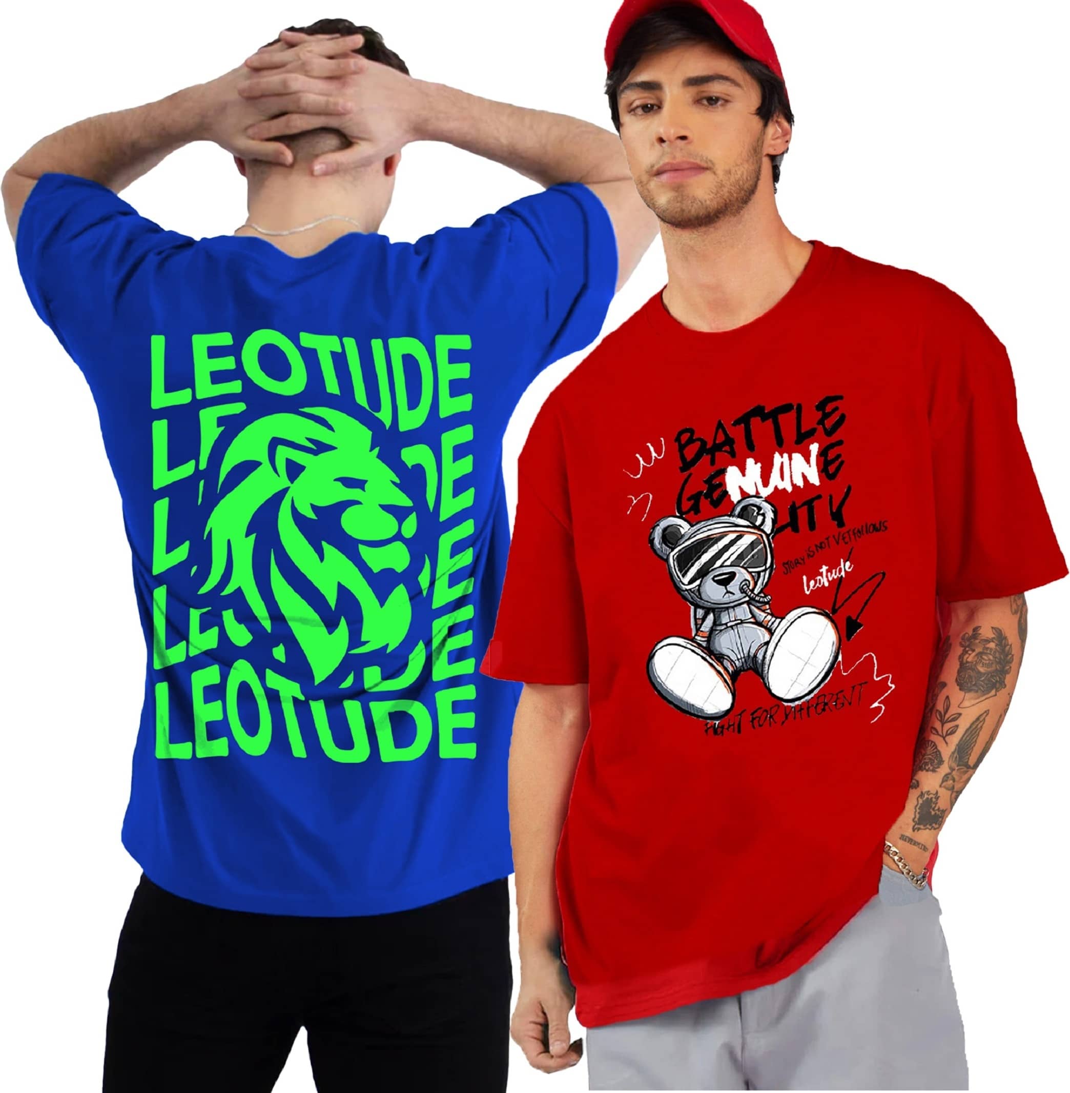 Leotude Pack of 2 Cotton Blend Oversized Fit Men's T-Shirt ( Blue )