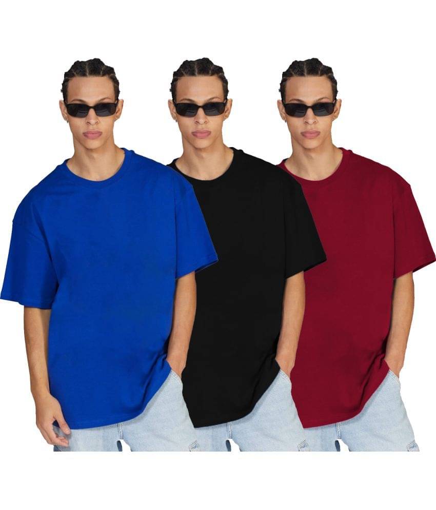 Leotude Pack of 3 Cotton Blend Oversized Fit Men's T-Shirt ( Blue )     			Leotude Pack of 3 Cotton Blend Oversized Fit Men's T-Shirt ( Blue )