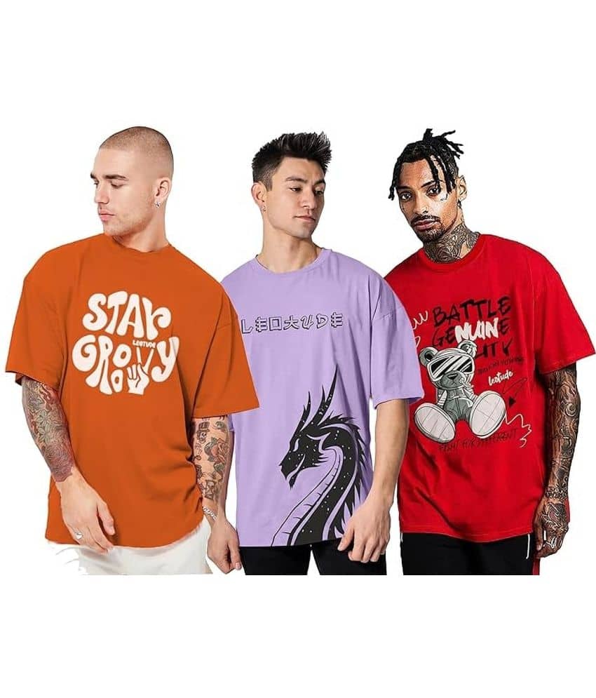 Leotude Pack of 2 Cotton Blend Oversized Fit Men's T-Shirt ( Red )