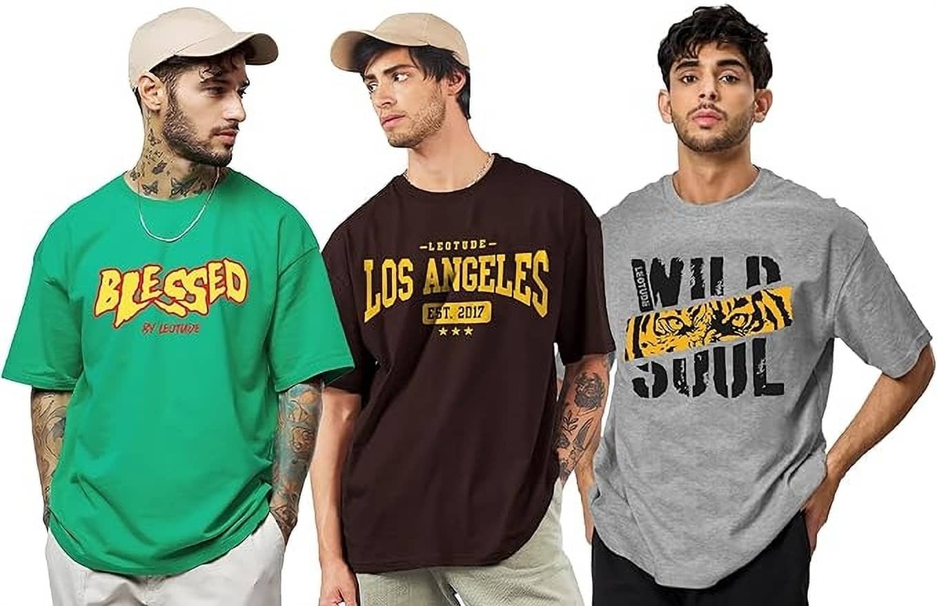 Leotude Pack of 3 Cotton Blend Oversized Fit Men's T-Shirt ( Brown )