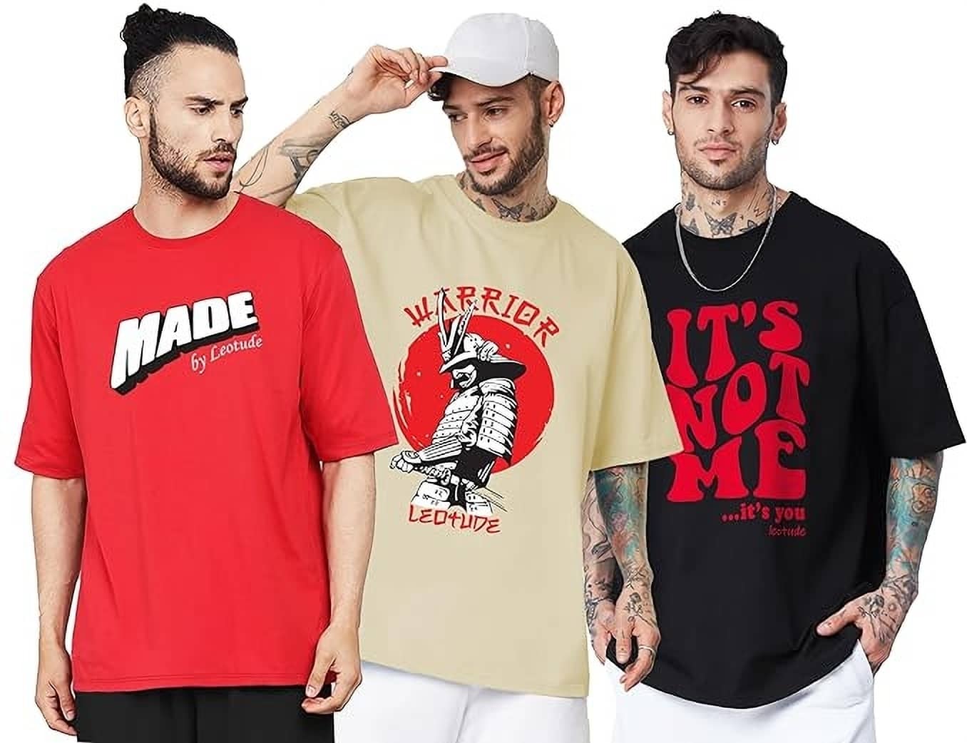 Leotude Pack of 3 Cotton Blend Oversized Fit Men's T-Shirt ( Red )