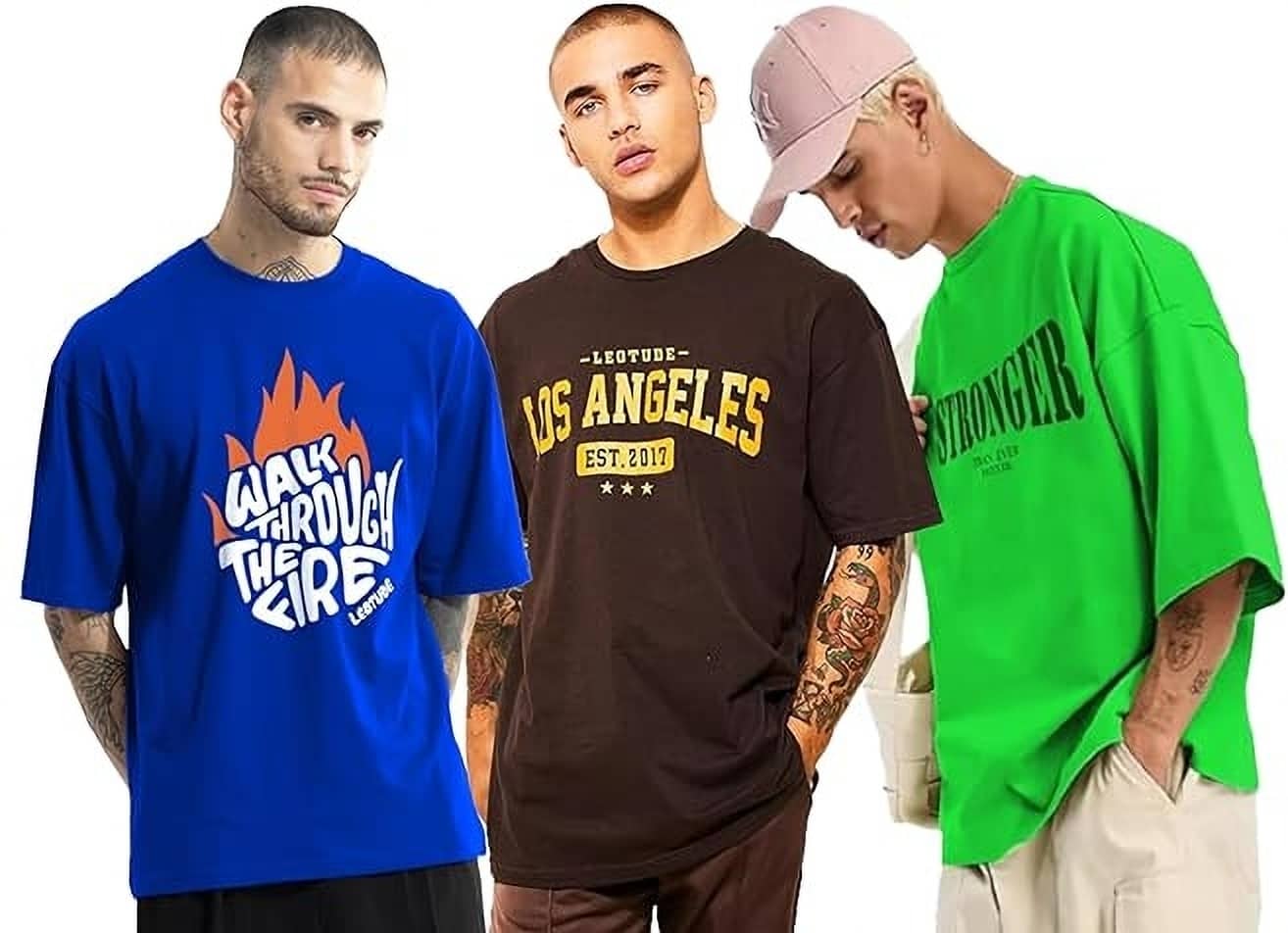 Leotude Pack of 3 Cotton Blend Oversized Fit Men's T-Shirt ( Blue )