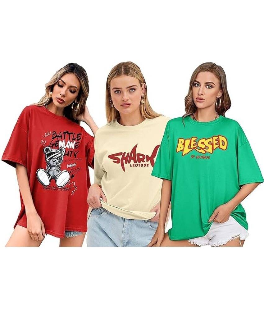 Leotude Women Cotton Blend Printed Oversized Fit Round Neck T-Shirt ( Multicolor ) Leotude Women Cotton Blend Printed Oversized Fit Round Neck T-Shirt ( Multicolor )