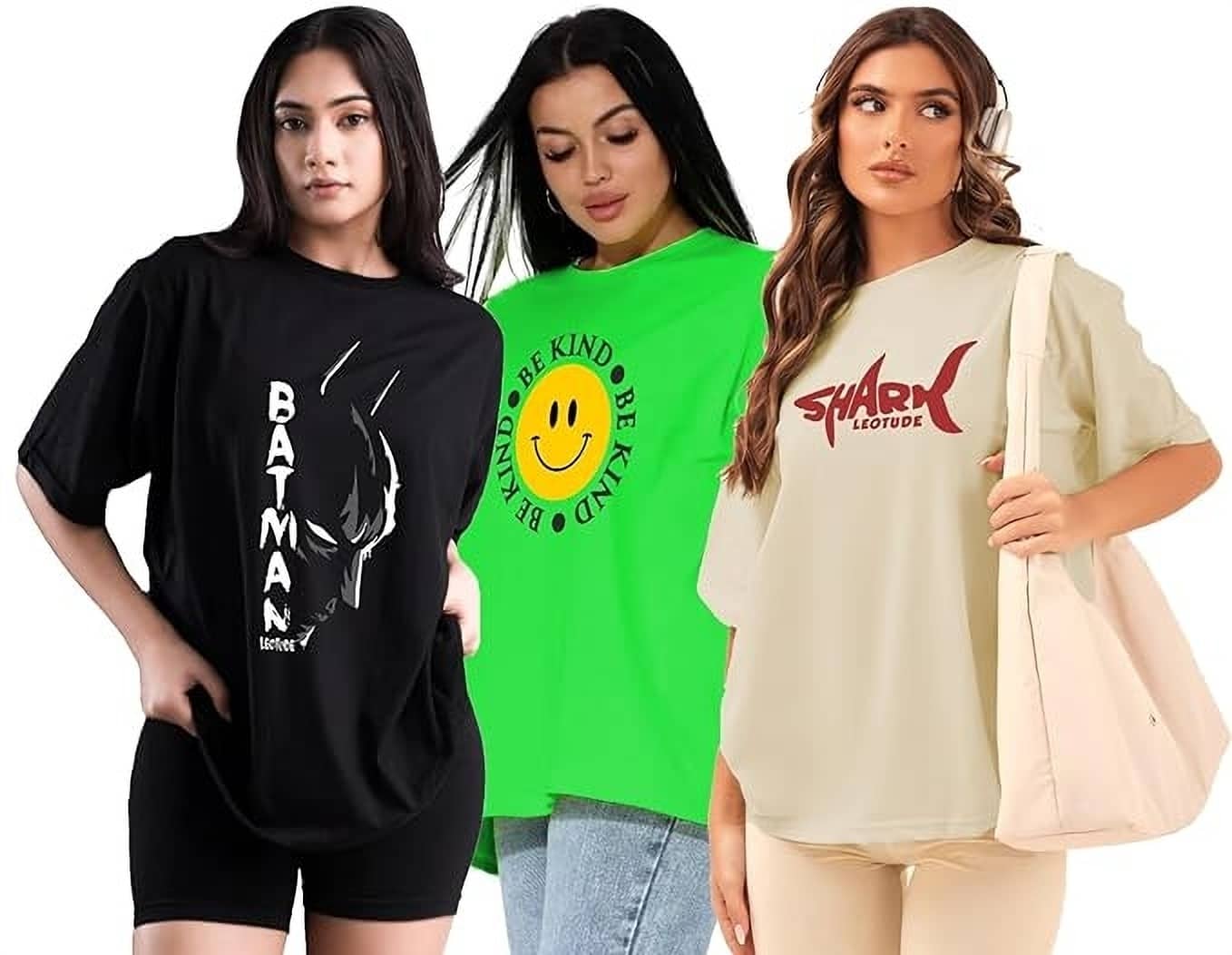 Leotude Women Cotton Blend Printed Oversized Fit Round Neck T-Shirt ( Multicolor )