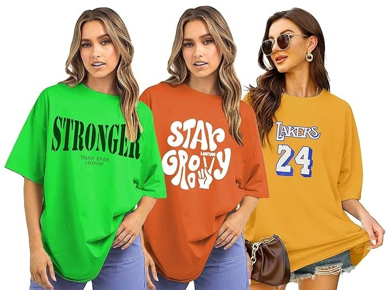 Leotude Women Cotton Blend Printed Oversized Fit Round Neck T-Shirt ( Multicolor )