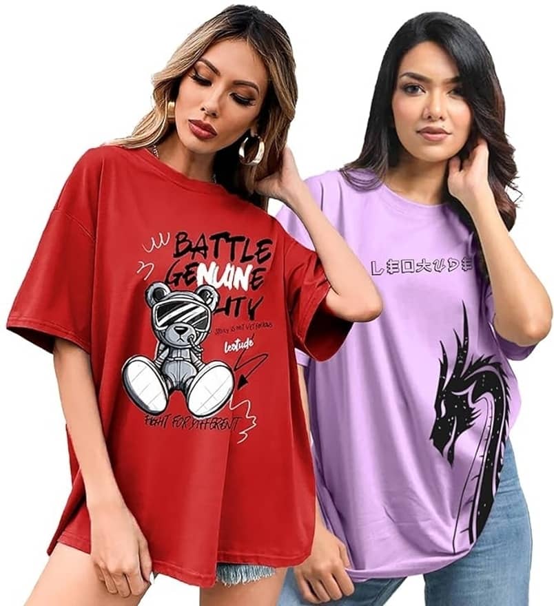 Leotude Women Cotton Blend Printed Oversized Fit Round Neck T-Shirt ( Multicolor )