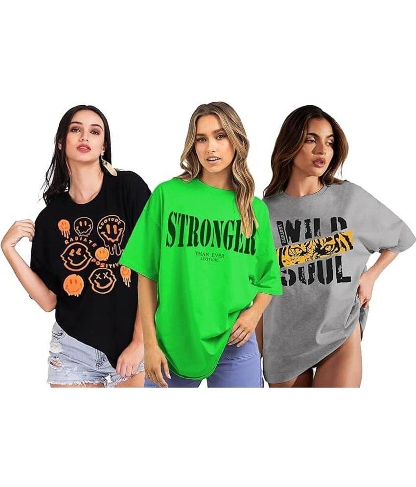     			Leotude Women Cotton Blend Printed Oversized Fit Round Neck T-Shirt ( Multicolor )