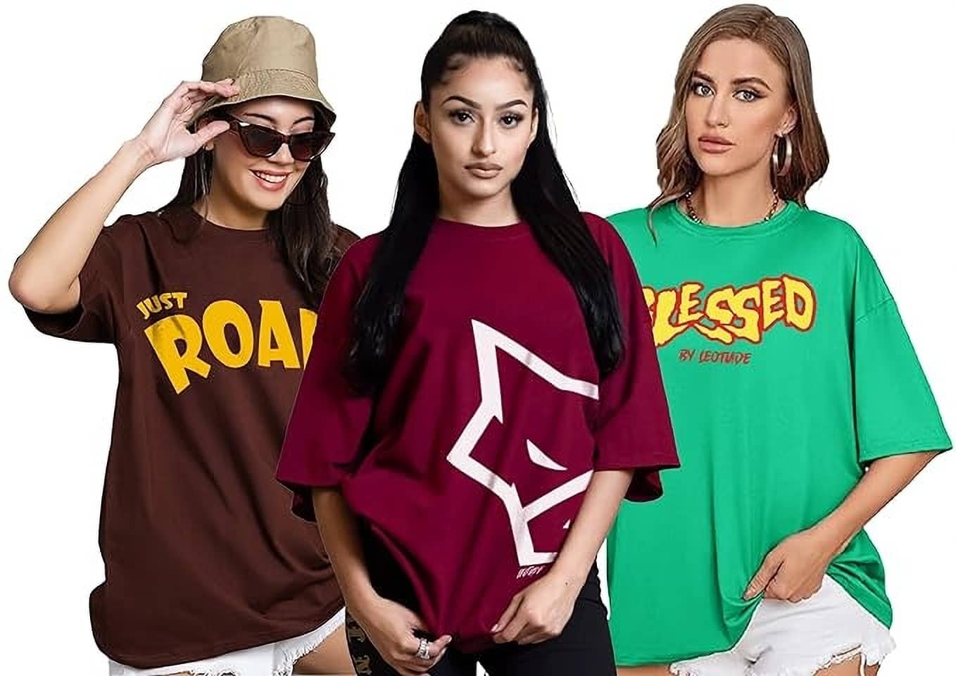 Leotude Women Cotton Blend Printed Oversized Fit Round Neck T-Shirt ( Multicolor )