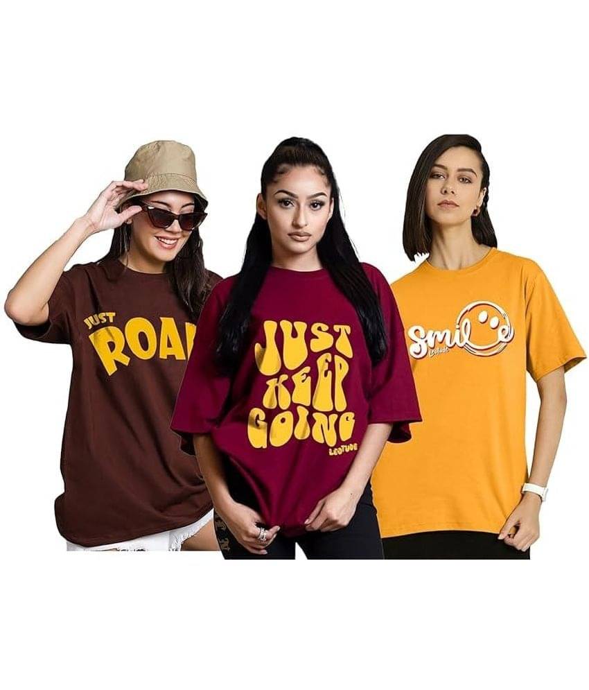 Leotude Women Cotton Blend Printed Oversized Fit Round Neck T-Shirt ( Multicolor ) Leotude Women Cotton Blend Printed Oversized Fit Round Neck T-Shirt ( Multicolor )