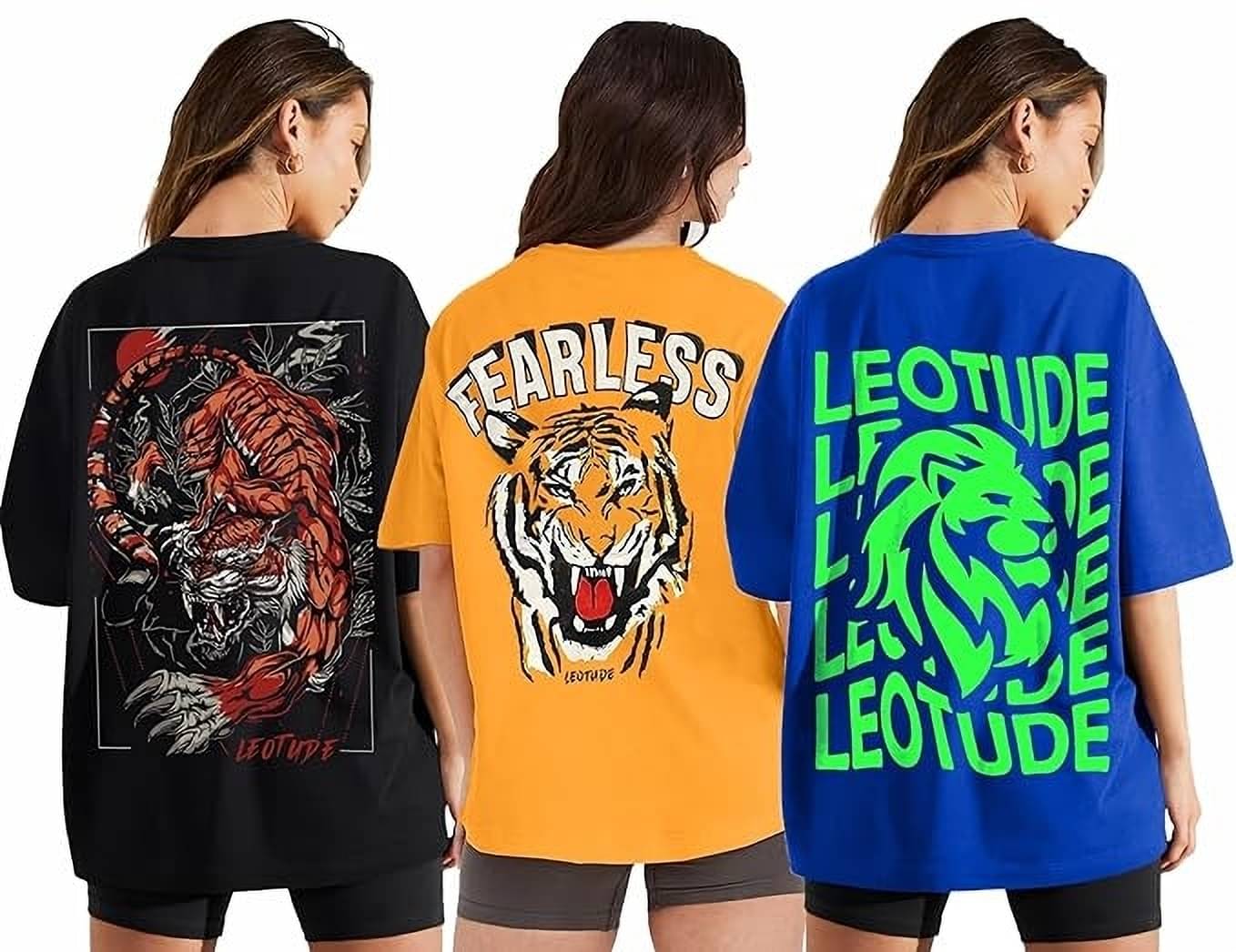 Leotude Women Cotton Blend Printed Oversized Fit Round Neck T-Shirt ( Multicolor )     			Leotude Women Cotton Blend Printed Oversized Fit Round Neck T-Shirt ( Multicolor )