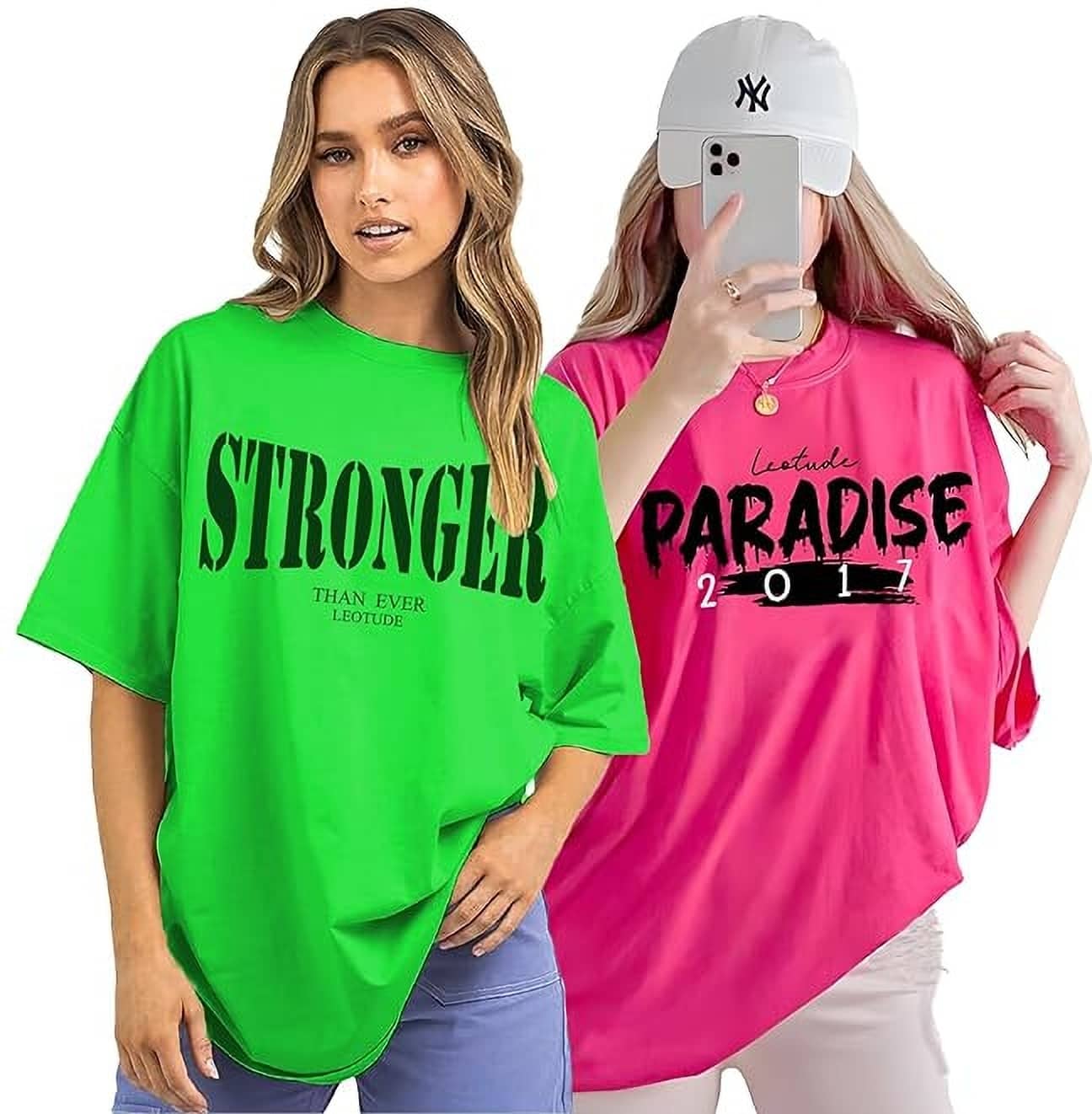 Leotude Women Cotton Blend Printed Oversized Fit Round Neck T-Shirt ( Multicolor )