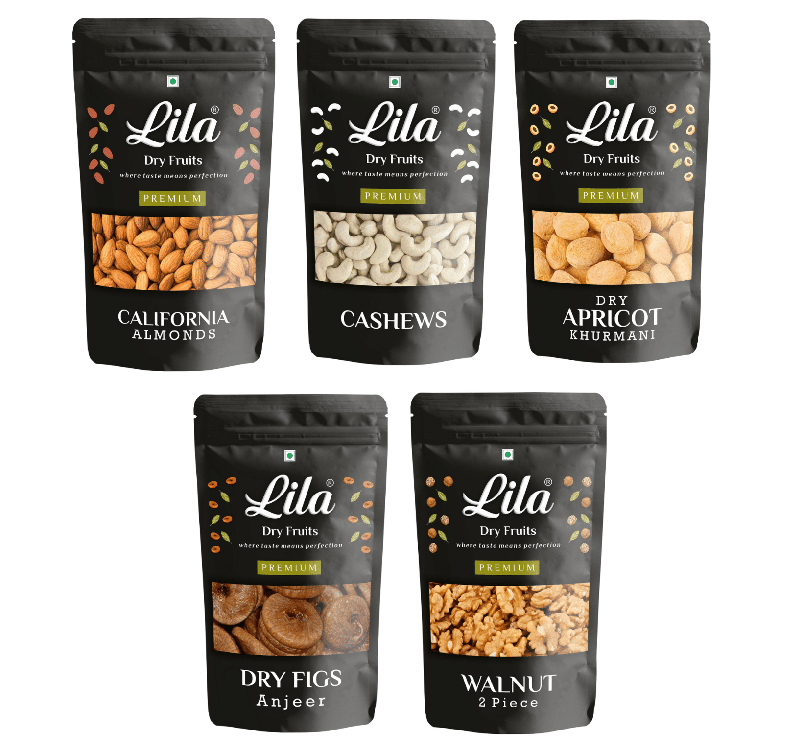 Lila Dry Fruits Combo Pouch Pack 1Kg (5x200g) Almond, Walnut, Afghani Anjeer, Cashew, Dried Apricot Lila Dry Fruits Combo Pouch Pack 1Kg (5x200g) Almond, Walnut, Afghani Anjeer, Cashew, Dried Apricot